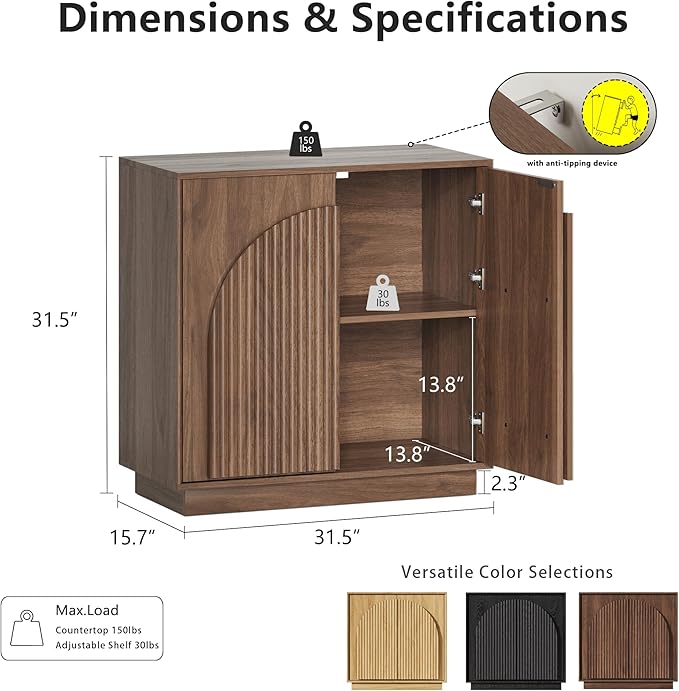 win2win Fluted Sideboard Buffet Cabinet with Storage, 31.5" Mid Century Modern Accent Cabinet with Double-Layered Arch Door, Small Wood Console Credenza for Dining Living Room Entryway, Walnut, 3PCS