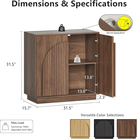 win2win Fluted Sideboard Buffet Cabinet with Storage, 31.5" Mid Century Modern Accent Cabinet with Double-Layered Arch Door, Small Wood Console Credenza for Dining Living Room Entryway, Walnut, 3PCS