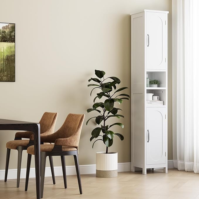 67" Tall Bathroom Storage Cabinet with Lights, Slim Narrow Bathroom Cabinet Organizer with Doors and Adjustable Shelves, Tall Cabinet for Small Space (66.9" Tall-White with Light, 1 Pack)