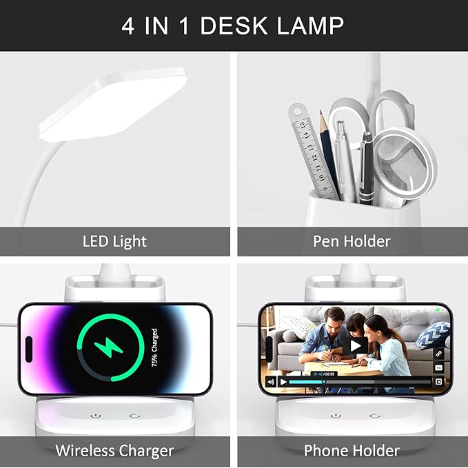 Desk Lamp with Wireless Charger - LED Desk Lamps for Home Office with Pen Holder, 800LM, 3 Color Modes, Flexible Arm, Eye-Caring White Table Lamps for Home College Dorm Room Christmas Gifts