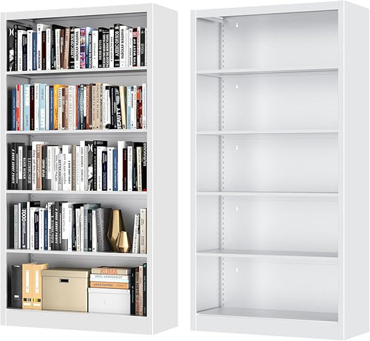 Bookcase,5 Tier White Bookshelves,66" Tall Free Standing Metal Bookcase with Adjustable Storage Shelves, Industrial Wide Bookshelf for Bedroom Living Room Home Office School