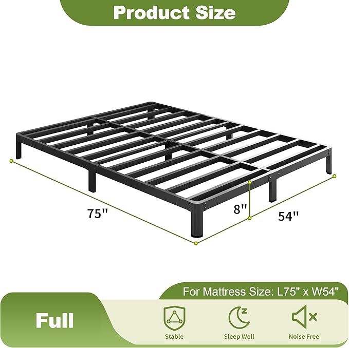 8 Inch Full Bed Frame No Box Spring Needed, Heavy Duty Full Size Metal Platform Bed Frame with Rounded Corner Legs, Easy Assembly, Noise Free, Black