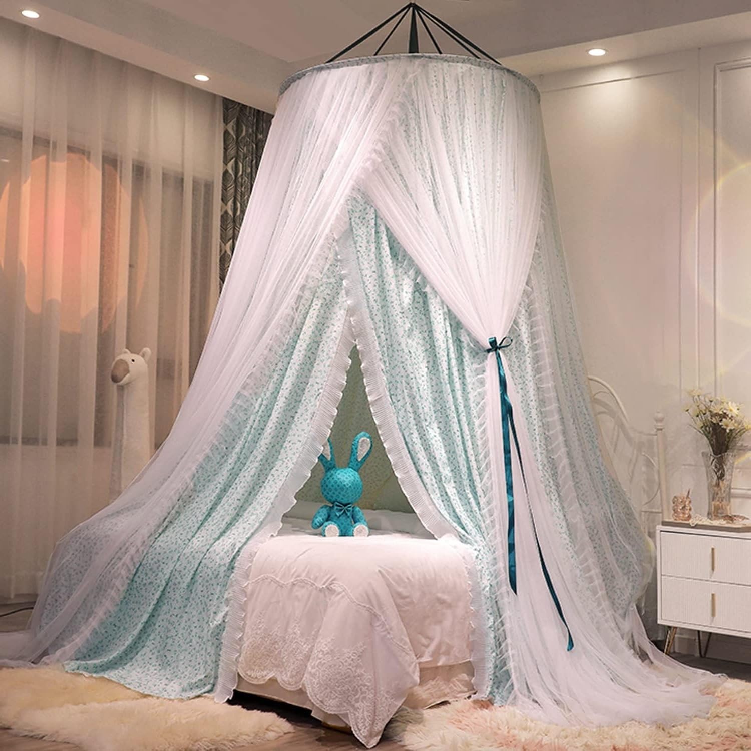 Kertnic Luxurious Bed Canopy for Girls & Adults - Double Layer Princess Canopy with Lace, Round Dome Mosquito Netting for Queen/King Bed Tent (Black) Dormly