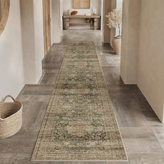 2x10 Washable Vintage Runner Rug Green Brown Hallway Kitchen Carpet Non-Slip Soft Low Pile Distressed Throw Rug for Bedroom Bathroom Laundry Living Room