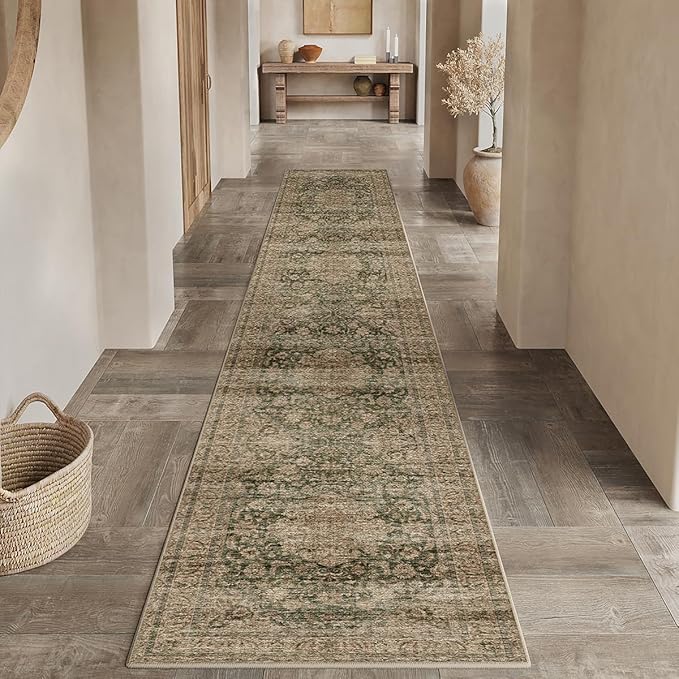 2x10 Washable Vintage Runner Rug Green Brown Hallway Kitchen Carpet Non-Slip Soft Low Pile Distressed Throw Rug for Bedroom Bathroom Laundry Living Room