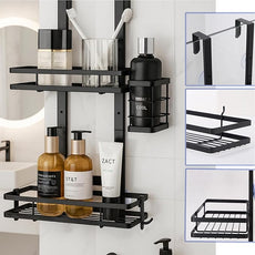 Over the Door Shower Caddy Hanging, Rustproof Shower Shelves with Waterproof Phone Pouch, 2-Tier Adjustable Bathroom Organizers and Storage, No Drilling Shower Shelf, Black Shampoo Soap Holder