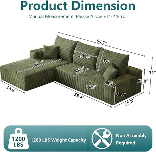 95" Modular Sectional Couch, Boneless L Shaped Cloud Sofa with Chaise Lounge, Corduroy Upholstered Couches Memory Foam Deep Seat, No Assembly Required, Ideal for Living Room(Green, Left Facing)