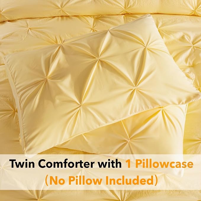 Andency Yellow Pinch Pleat Comforter Twin(66x90Inch), 2 Pieces(1 Pintuck Comforter and 1 Pillowcase) Pintuck Comforter Set, Microfiber Down Alternative Comforter All Season Bedding Set