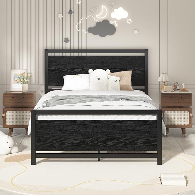 Twin Bed Frames with Headboard, Industrial Style Twin Bed Frame, Twin Size Bed Frames with Wooden Footboard, No Box Spring Needed, Noise-Free, Easy Assembly, Black
