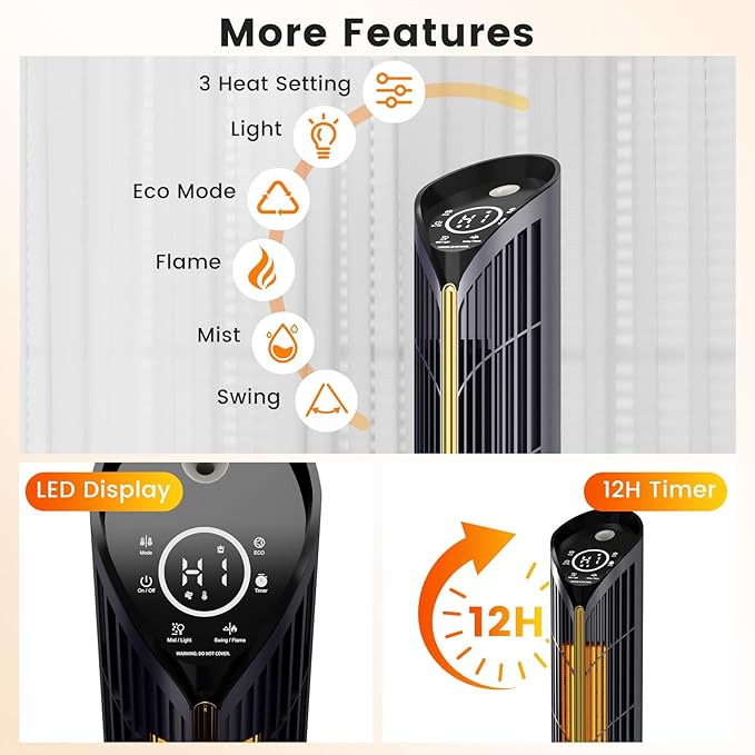 VCJ 28" Space Heaters with Humidifier, 12H Timer Electric Heater for Indoor Use, Remote, 120° Oscillation, Overheat & Tip-Over Protection, Quiet Portable Tower Heater for Bedroom Living Room Garage