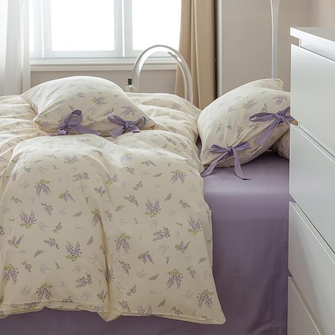 HighBuy Botanical Floral Duvet Cover Full Boho Duvet Cover Set Soft Cotton Coquette Bedding White Duvet Cover Set Floral Duvet Cover,Soft Cotton Full Bedding Set with 2 Bowknot Bow Tie Pillowcases
