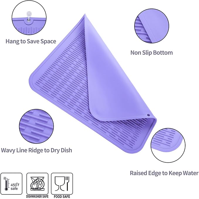 Silicone Dish Drying Mat for Multiple Usage,Easy clean,Eco-friendly,Heat-resistant Silicone Mat for Kitchen Counter or Sink,Refrigerator or Drawer Liner Light Purple XL 18 inches x 16 inches