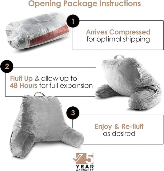 Nestl Reading Pillow with Shredded Memory Foam, Designed for Sitting Up in Bed and Couch, Back and Arms Adjustable Support for Adult & Teens Backrest Pillows for Reading with Washable Cover Light Grey