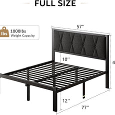 iPormis Full Size Metal Bed Frame, Linen Button Tufted Headboard Platform Bed, Heavy Duty Slats Support, 12