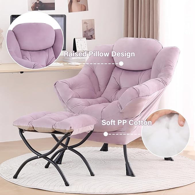 Tiita Lazy Chair with Ottoman, Modern Large Accent Lounge Armchair, Comfy Leisure Sofa Reading Chair with Footrest for Bedroom, Living Room, Dorm Rooms, Garden and Courtyard, Velvet Light Purple