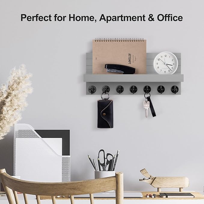 Key Holder Wall Mount, Entryway Key and Mail Holder with 7 Sturdy Hooks for Sunglasses, Dog Leash, Decorative Wall Shelf with Mounting Hardware, 15”W x 6.7”H x 4.2”D (Gray)