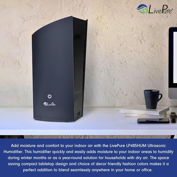 LP485HUM LivePure Ultrasonic Humidifier (8.5 x 6.5 x 14.5 in) - Long Lasting Mist Performance, Quiet Operation, Compact Humidifier for Home, Bedroom, Nursery, Office, and Dorms – Denim Blue