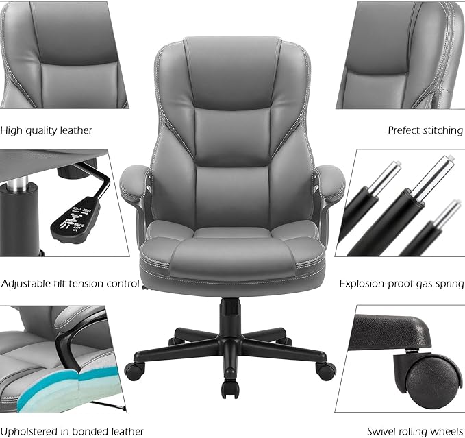 Furmax Office Executive Chair High Back Adjustable Managerial Home Desk Chair, Swivel Computer PU Leather Chair with Lumbar Support (Gray)