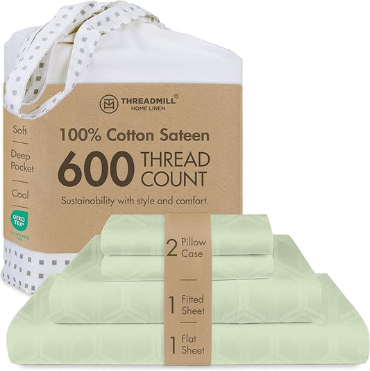 Threadmill 100% Cotton Sheets for Queen Size Bed - 600 Thread Count Queen Bed Sheets Set with 16” Deep Pocket - Jacquard Sateen Weave 4-Piece Bedding Set with Cooling Effect, Sage Green