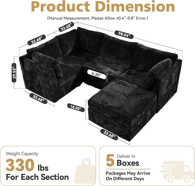 Modular Sectional Sofa,5 Pieces Sectional Couches for Living Room,131X65 L Shaped Cloud Couch with Ottoman Chaise Set