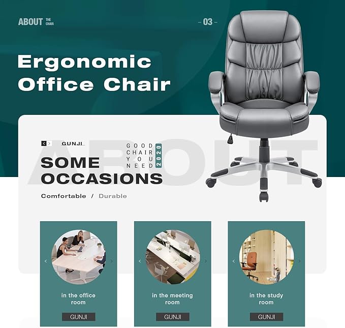 GUNJI Office Chair PU Leather High Back Executive Chair Ergonomic Computer Chair, Modern Adjustable Home Desk Chair Swivel Managerial Chair with Padded Armrests and Lumbar Support (Gray)