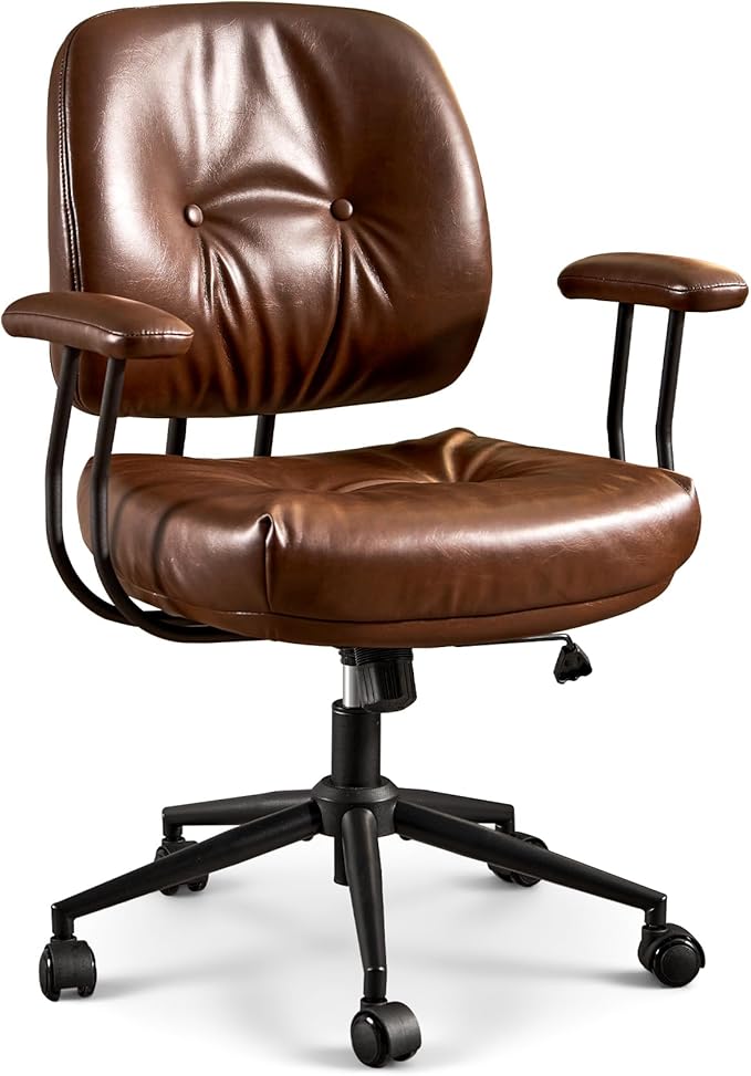 ovios Ergonomic Office Chair, Mid Back Faux Leather Executive Chairs with Thick Cushion, Comfy Mid-Century Modern Swivel Rolling Computer Armchair (Dark Brown, PU Leather)