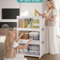 OlarHike 97QT Stackable Storage Bins with Lids - Folding Storage Box with Doors and Wheels, Collapsible Plastic Storage Drawers for Closets, 5 Pack Cubes