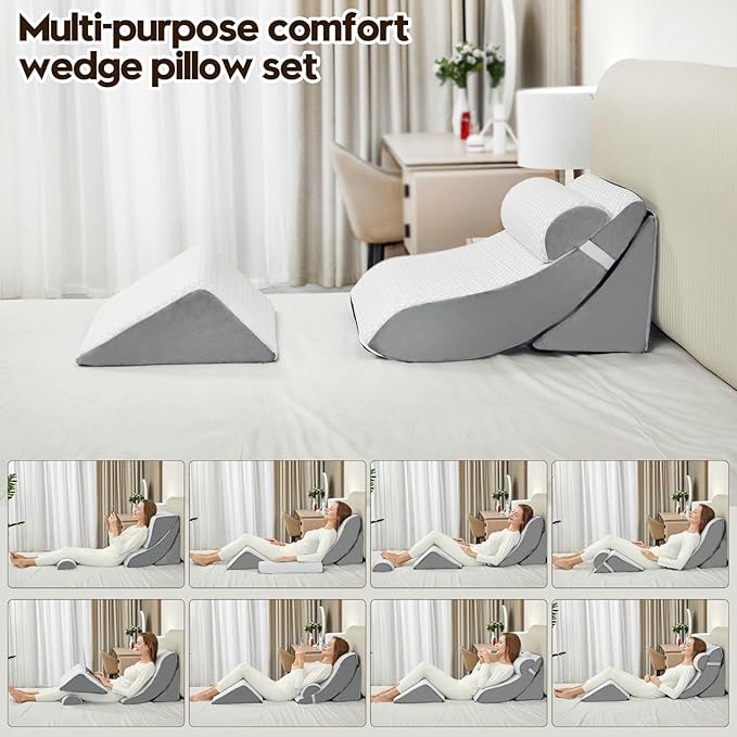 4pcs Wedge Pillow Set for After Surgery,Bed Wedge Pillows for Sleeping,Post Surgery Recovery， 45 Degree Wedge Pillow for Acid Reflux Relief and Anti-snoring，