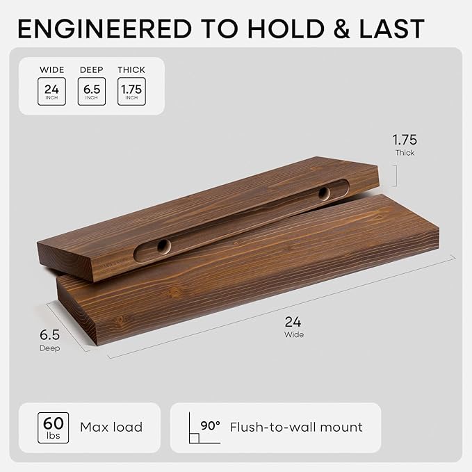 Homeforia Classic Walnut 24 inch Floating Shelf, High End Solid Real Wood Small 24inch Floating Shelves for Wall Mounted, 24in Floating Shelves, Heavy Duty Bracket, 24 X 6.5 X 1.75 inches, Set of 2