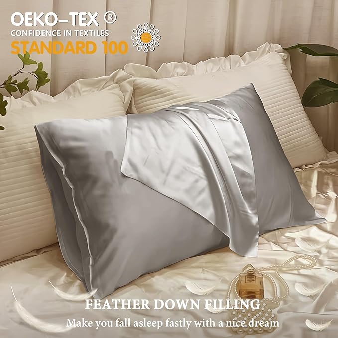 BHZ Grey Satin Goose Down Feather Pillows Queen Size with Satin Pillowcase for Hair and Skin, Cooling Pillow Cases Similar to Silk Pillow Cases, Decorative for Women, Mom Men