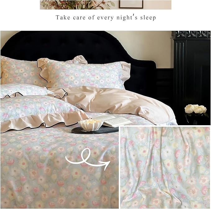 HighBuy Pink Floral Lace Duvet Cover Twin Size,Brushed Cotton Soft Coquette Ruffle Flower Bedding Duvet Cover Set,Blue White Ruffled Shabby Chic Farmhouse Duvet Cover and Pillow Shams,- Twin