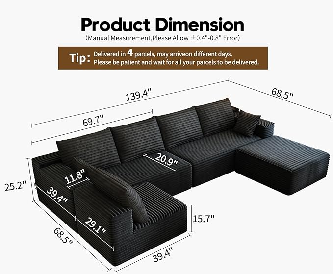 139.4" Modular Sectional Sofa, U-Shaped Minimalist Couches with Ottoman and Middle Seat, Modern Deep Seat Convertible Sleeper Sofa Bed, Reversible Chaise, Cloud Plush Corduroy Fabric,6 Seater, Black