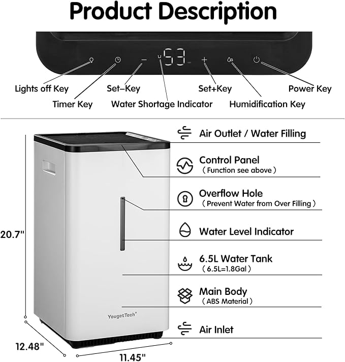Evaporative Humidifiers |6.5L(1.8Gal) Tank for Whole Room no mist Humidifier | 30 W Cool Humidifiers Evaporative | 7 Speed | MAX Output 1500 ml/h | Auto Humid | Top Filling | White