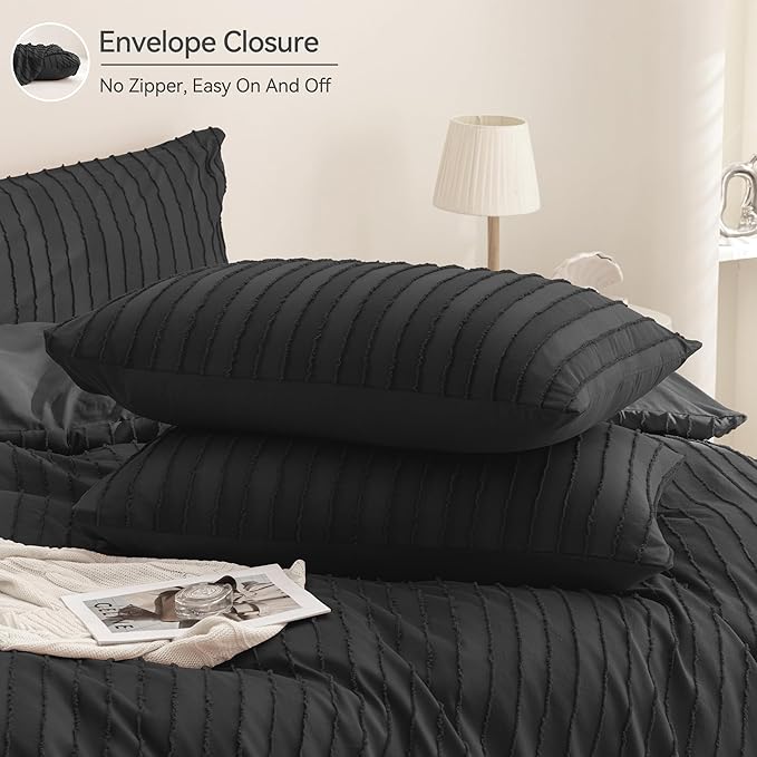 JELLYMONI Duvet Cover King Size Black - 3PCS Boho Striped Duvet Cover Set Polyester Tufted Bohemian Textured Comforter Cover with Corner Ties & Zipper Closure
