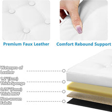 AmasSmile White Storage Ottoman Folding Foot Rest Stool with Side Pocket, 16 inch Leather Footstool Bench, Short Ottoman Bench, Storage Foot Rest Store, Books