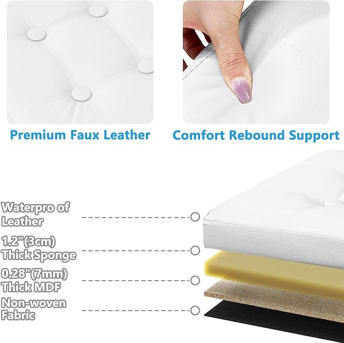 AmasSmile White Storage Ottoman Folding Foot Rest Stool with Side Pocket, 16 inch Leather Footstool Bench, Short Ottoman Bench, Storage Foot Rest Store, Books