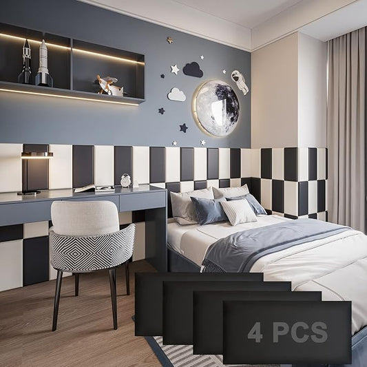 Peel and Stick Headboard Black Upholstered Wall Panels Pack of 4 Panels 3D Anti-Collision Wall Padding Wall Mounted headboard Soundproof Wall Panels