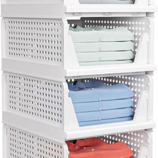 4 Pack Stackable Closet Storage Basket - Stackable Storage Bins, Multifunctional & Foldable Closet Organizer Divided, Wardrobe Cupboard Space-Saving Clothes Storage Hat Organizer, White