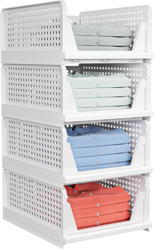 4 Pack Stackable Closet Storage Basket - Stackable Storage Bins, Multifunctional & Foldable Closet Organizer Divided, Wardrobe Cupboard Space-Saving Clothes Storage Hat Organizer, White