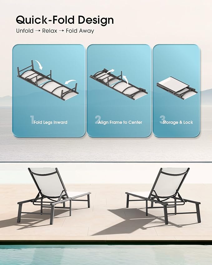 Ciokea Upgraded Aluminum Outdoor Lounge Chair - No Assembly Needed, Foldable Patio Chaise Lounge with 5 Adjustable Positions, Reinforced Frame for Extra Durability, Pool Beach Lounge Chair, White