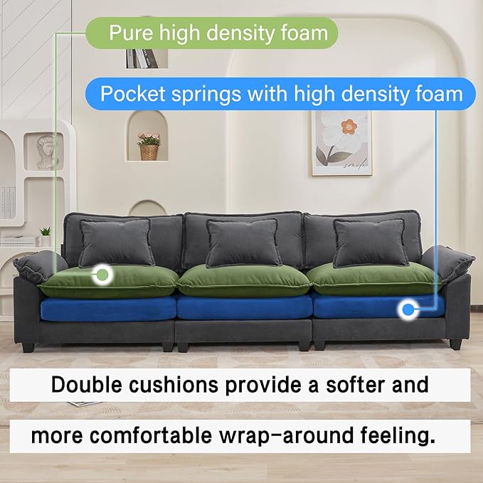 120" Modular Sectional Sofa, Comfy Cloud Couch Sectional Sofa, Velvet Sofa Sleeper Deep Seat Sofa with Throw Pillows for Living Room (Blue Gray, 120"- 3 Seater)