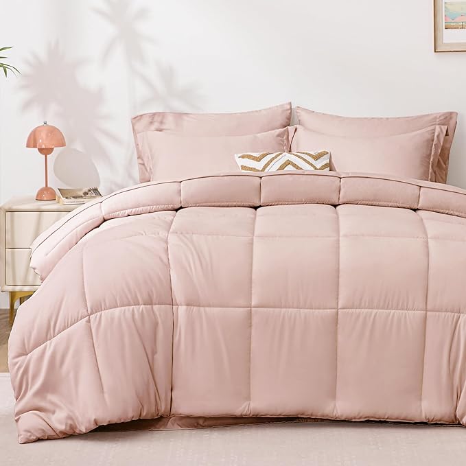 Love's cabin California King Comforter Set Blush Pink, 7 Pieces California King Bed in a Bag, All Season Bedding Sets with 1 Comforter, 1 Flat Sheet, 1 Fitted Sheet, 2 Pillowcase and 2 Pillow Sham
