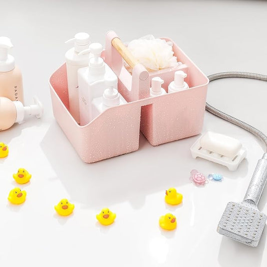 rejomiik Portable Shower Caddy Basket with Bamboo Handle, Plastic Cleaning Caddy Bathroom Organizer Tote for College Dorm Essentials, Bath Toy Storage, Pink