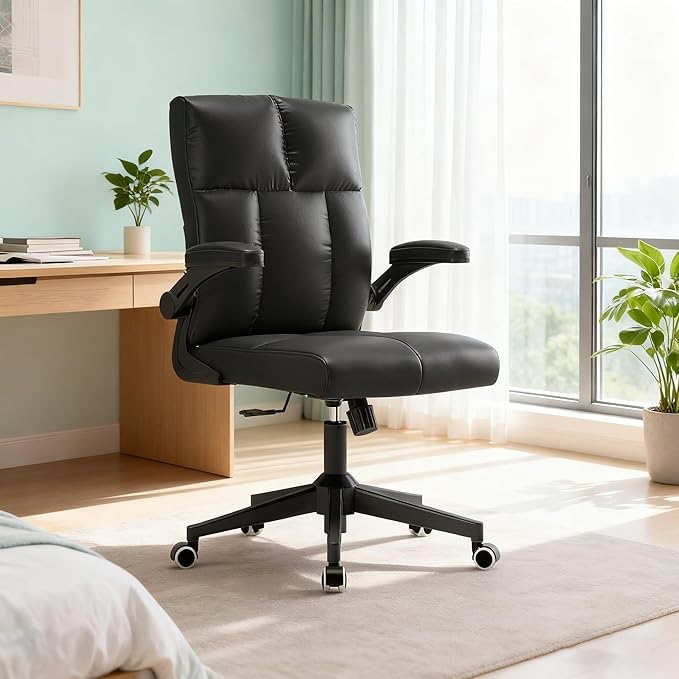 Ergonomic Home Office Chair with Space Saving Flip-Up Arms, 360° Swivel & Reclining Back, High-Back Executive Chair in Soft Faux Leather Chair Multi-Angle from 90° to 135° with 450LBS Capacity（Black）