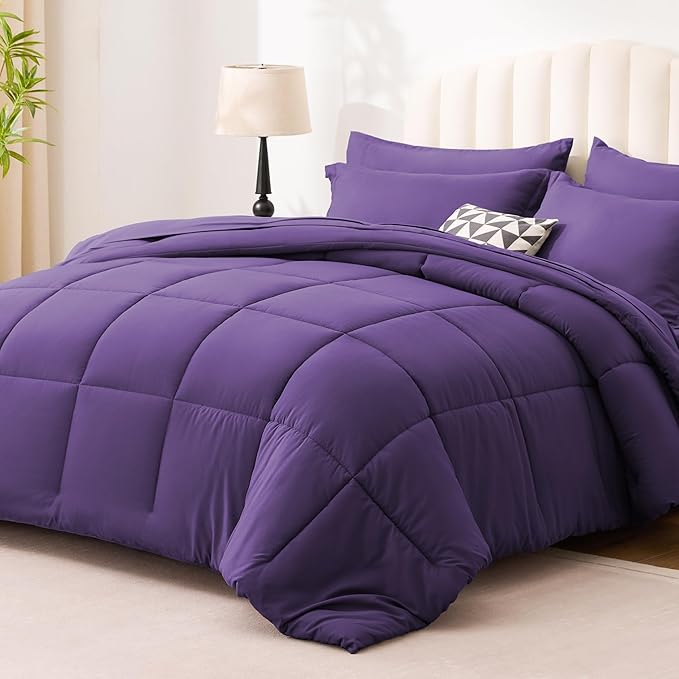 Love's cabin King Size Comforter Set Dark Purple, 7 Pieces King Bed in a Bag, All Season Bedding Sets with 1 Comforter, 1 Flat Sheet, 1 Fitted Sheet, 2 Pillowcase and 2 Pillow Sham