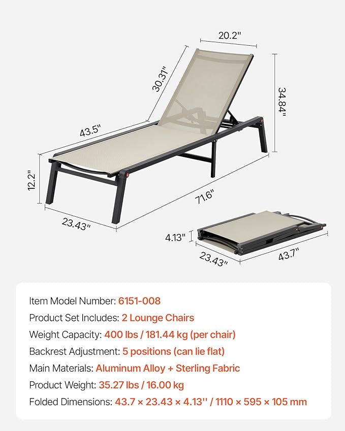 VEVOR Outdoor Chaise Lounge Chair Set of 2, 400 lbs Weight Capacity, Foldable Sun Tanning Chair, 5 Adjustable Positions, Easy Assembly, Aluminum Pool Recliner Lounge Chairs, for Beach Yard Patio