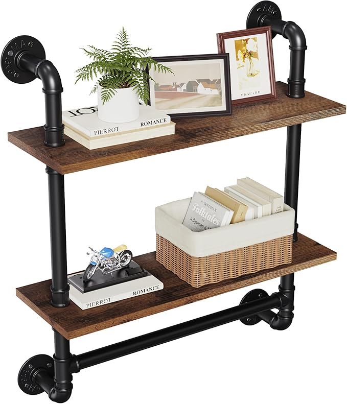 Merapi 24" Industrial Floating Shelves with Tower Bar, Pipe Shelves for Wall, 2 Tier Rustic Wood Wall Shelves for Home Décor, Bedroom, Living Room, Bathroom…