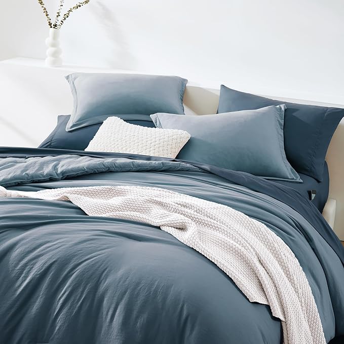 WRENSONGE Full Size Comforter Sets, 7 Pieces Oxford Blue Bed in a Bag with Fitted Sheet, Flat Sheet, 2 Pillow Shams, 2 Pillowcases, Warm Bedding Sets for All Season