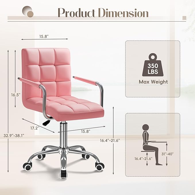 Furmax Mid-Back Office Task Chair Ribbed PU Leather Executive Chair Modern Adjustable Home Desk Chair Retro Comfortable Work Chair 360 Degree Swivel with Arms (Pink)