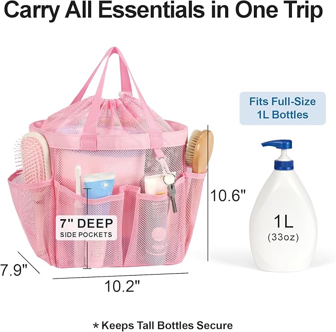 F-color Mesh Shower Caddy Portable with Drawstring - Upgrade Deeper 7 Pockets Dorm Room Essentials for Guys Girls with S Hook, Shower Bag Basket Tote for College Camping Toiletry Bathroom, Pink